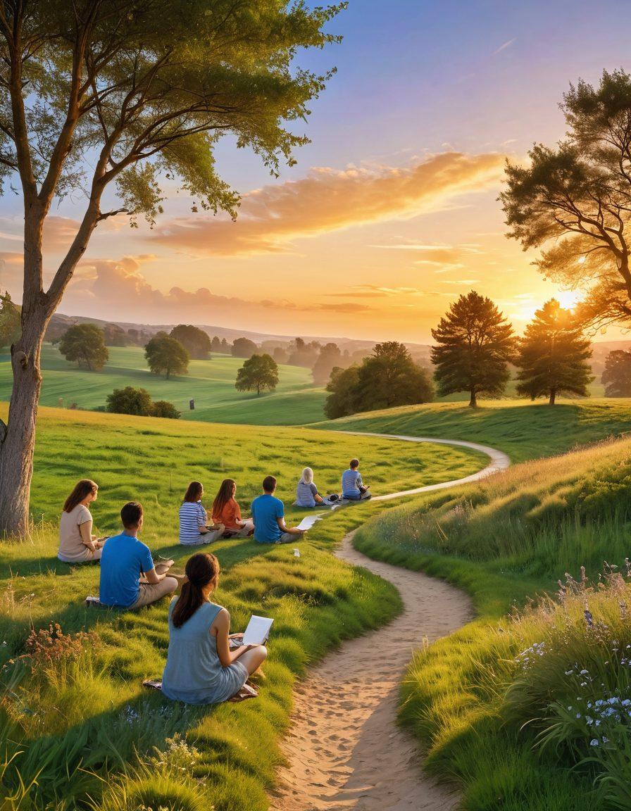 A serene landscape featuring a lush green meadow under a bright blue sky, with a winding path leading towards a glimmering sunset. In the foreground, a diverse group of joyful people of all ages and backgrounds are engaging in activities that promote happiness, such as meditating, laughing, and sharing books. Soft golden light bathes the scene, enhancing feelings of serenity and contentment. whimsical and dreamy art style, warm color palette, painterly texture.
