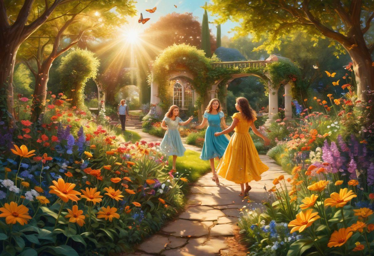 A whimsical garden filled with vibrant flowers and greenery, where a diverse group of people joyfully engage in secretive, playful activities promoting happiness, such as dancing, painting, and sharing stories. The sun shines brightly overhead, casting warm golden light. Include elements of magic, like glowing butterflies and twinkling stars in the background. bright colors. surrealism.